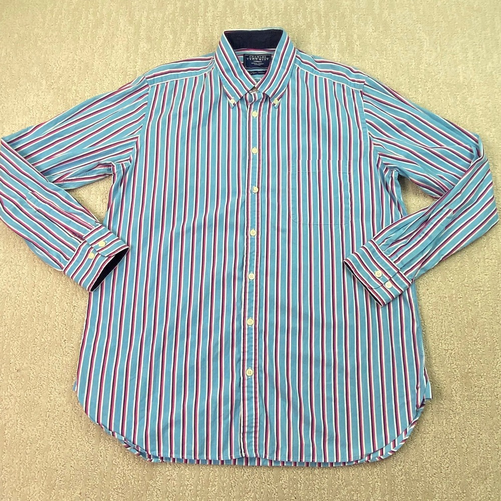 Charles Tyrwhitt Shirt Adult Large Blue Red Stripe Poplin Weave Long Sleeve